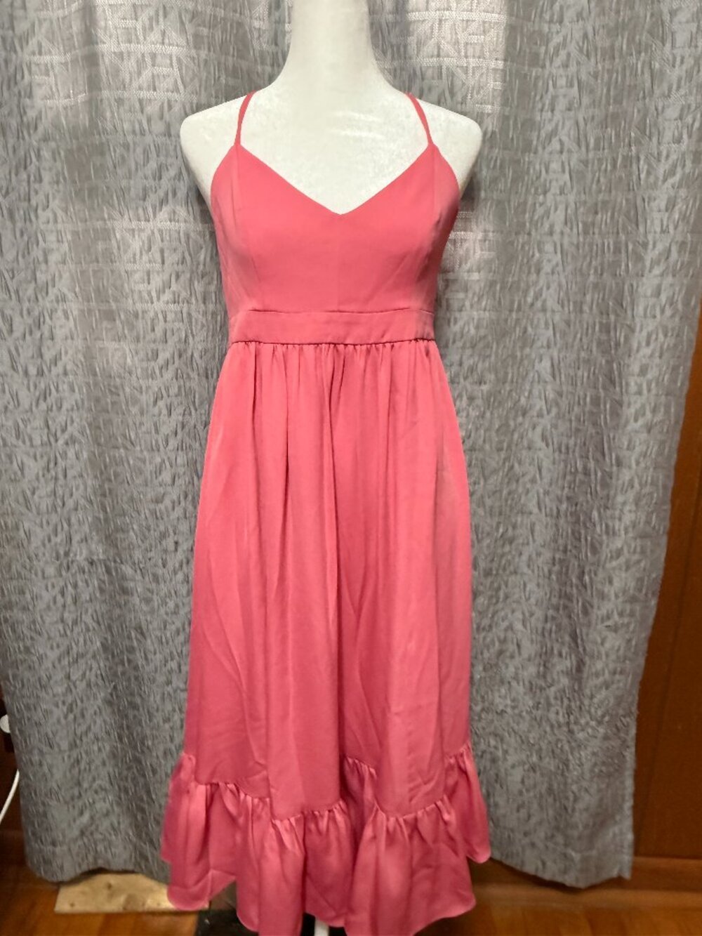J Crew NWT Size 4 Coral Pink Spaghetti Strap Ruffle Hem Midi Dress Party